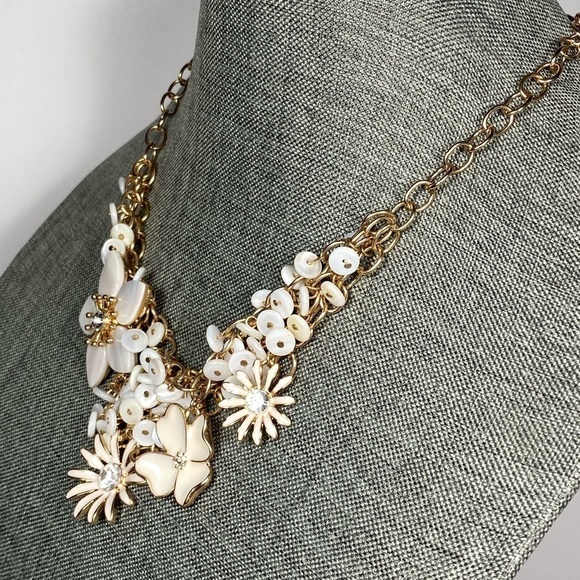 Necklace Bib Flowers Enamel Mother of Pearl Lucite Gold Tone 19”+2” NWT - Picture 9 of 10